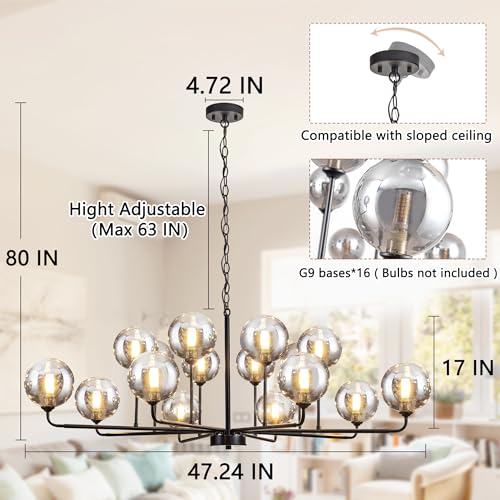 Large Chandeliers for High Ceilings 47.2IN Large Dining Room Chandelier with Smoky Gray Glass Globe Modern Black Chandeliers for Dining Room Large Chandelier Light Fixture for Entryway Living Room