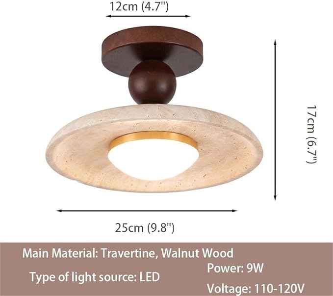 Mid-Century Travertine LED Ceiling Light, 3-Color Dimming Modern Round Natural Stone Walnut Wood Ceiling Lamp, Minimalist Flush Mount Overhead Lighting Fixture, for Living Room Bedroom