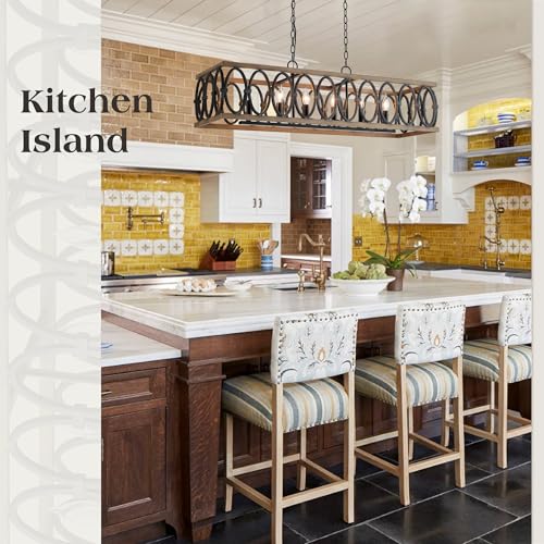 L39.4 Rustic Farmhouse Rectangle Chandelier for Dining Room Kitchen Island Lights Cage Pendant Light Fixture Black and Brown Metal Hanging Lighting Retro Vintage Linear Chandeliers 6