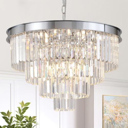 Modern Chrome Crystal Chandelier 24” Dining Room Pendant Light Fixture
