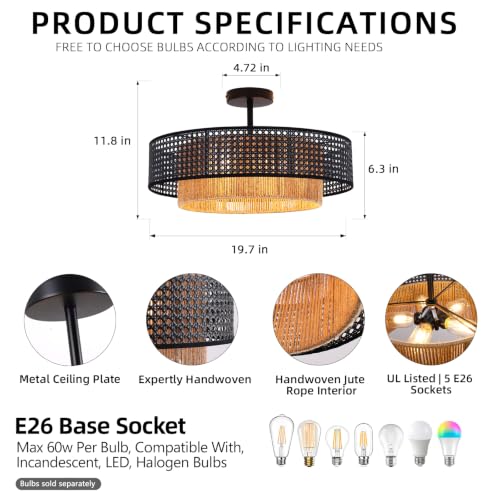 Black Wicker Flush Mount Ceiling Light Boho Fixture