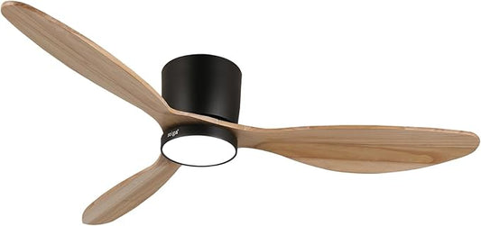 reiga 52" Natural Wood Ceiling Fan with Light and Remote, 3 Blade Flush Mount Low Profile Ceiling Fan for Bedrooom Living Room, Quiet DC Motor - Aura Lighting