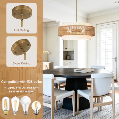 4 Light Rattan Chandelier for Dining Room