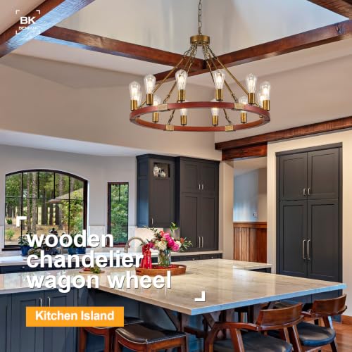 Farmhouse Wagon Wheel Chandelier 31" Rustic Gold Chandelier for Dining Room