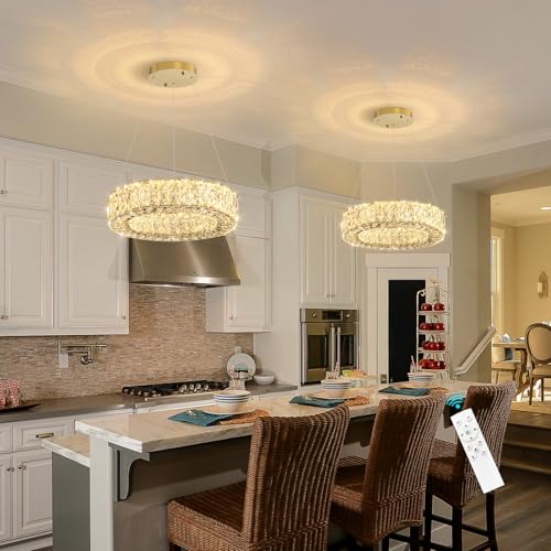 Modern Chandelier for Dining Room Dimmable LED Pendant Lights for Kitchen Island Lighting Gold Ring Crystal Chandeliers for Bedroom Entrance Living Room