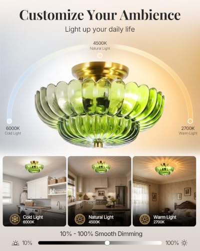 Semi Flush Mount Ceiling Light Fixture 11.8" Vinatge Gold Ceiling Lights Mid Century Modern Green Glass Close to Ceiling Lighting Fixtures for Bedroom Hallway Foyer Bathroom Kitchen Entryway (3 Count)