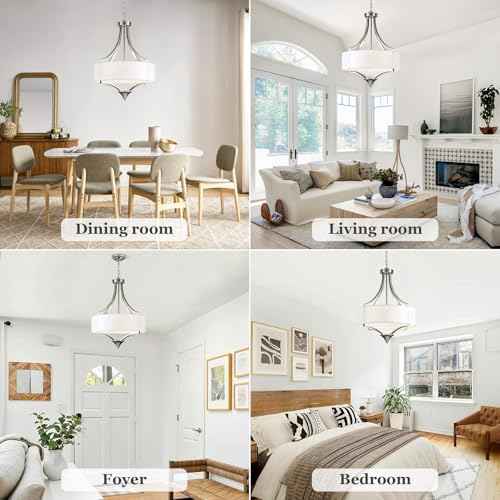 6-Light Brushed Nickel Chandelier 19.7" Modern Drum Chandeliers for Dining Room Light Fixture with White Fabric Shade Large Pendant Lighting for Kitchen Island Living Room Bedroom Foyer Over Table,E26