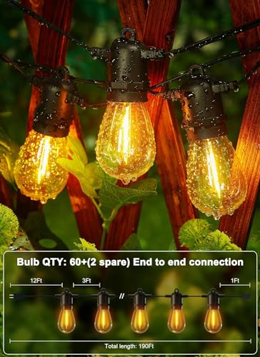 Outdoor String Lights 190FT with 60+2 Shatterproof Edison Bulbs (190 Foot)