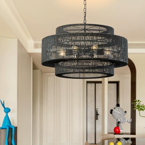 31.5"Large Boho Rattan Farmhouse Chandeliers for Dining Room