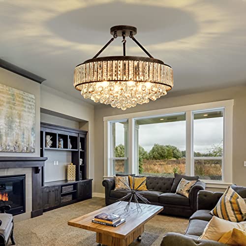 6 Light Modern Crystal Oil Rubbed Bronze Metal Semi Flush Mount Ceiling Light Fixture E26 Indoor Round Ceiling Lamp for Dining