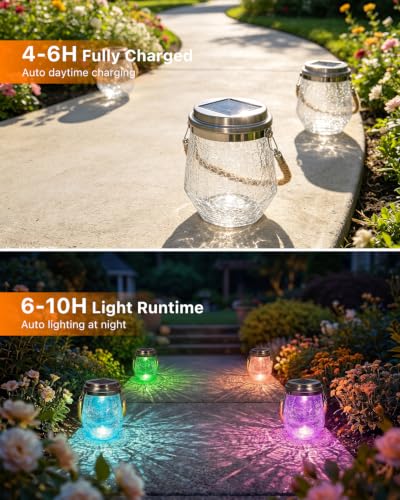 6 Pack Solar Crack Glass Jar Lantern Outdoor Waterproof Hang Colorful Clear (6 Count)
