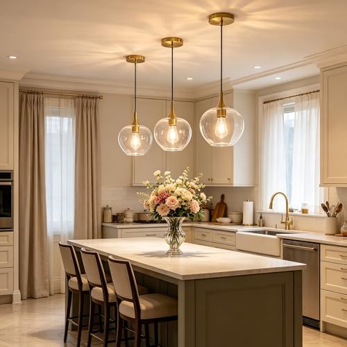 9.45in Gold Pendant Lights Kitchen Island with Clear Glass Shade 1Pack
