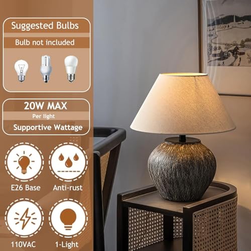 Rustic Farmhouse Table Lamp 20.8" Neutral Ceramic Table Lamp Brown White Checkered Ceramic with Linen Drum Shade Decor Bedside Nightstand for Living Room Bedroom
