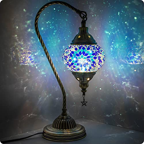 Turkish Moroccan Lamp with Bronze Base 3 Color Options Handmade Swan Neck Mosaic Glass Bedside Lamps for Bedroom