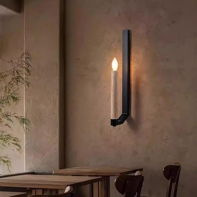 Natural Marble Wall Sconces, Japanese Style Wabi-Sabi Art Lighting Fixture, Yellow Travertine Wall Lamp, Linear Candle Wall Sconce E14 Base Hardwired Wall Light for Bedroom Living Room