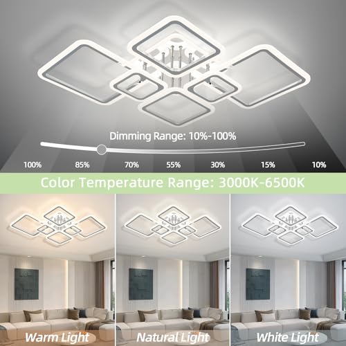 Modern LED Ceiling Lights for Bedroom 36.2'' Dimmable Square 6+1 Rings Ceiling Lights for Living Room with Remote Control 130W for Kitchen
