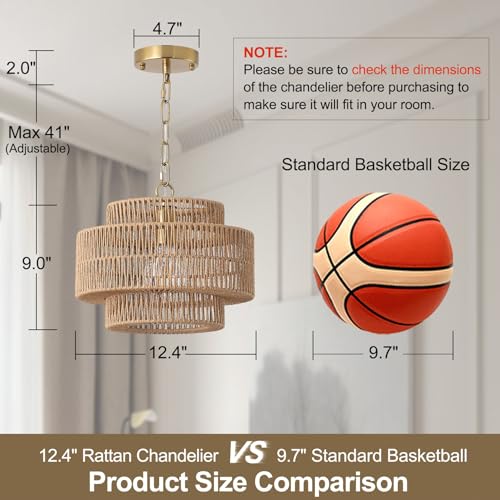 12.4" Boho Rattan Farmhouse Chandeliers for Dining Room