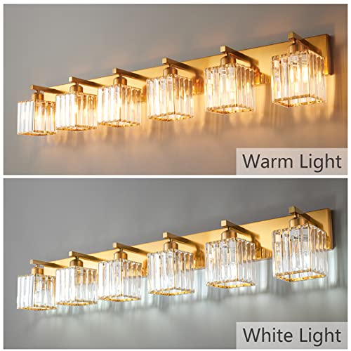 Modern 6 Light Gold Brushed Brass Finish Crystal Wall Light for Bathroom Vanity