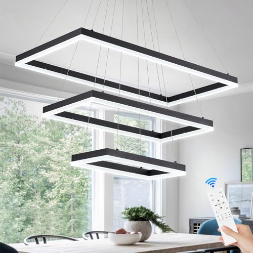 3 Rings Modern LED Chandelier Black 31.5inch Rectangle Dimmable LED Pendant Light with Remote Control 3 Tier Flush Mount High Ceiling Light for Dining Living Room Foyer