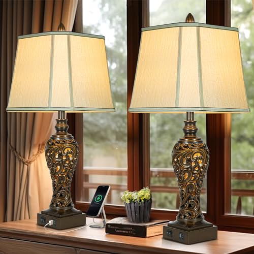 28.5" High Vintage Brown Table Lamps Set of 2 with Night Light (2 Count)