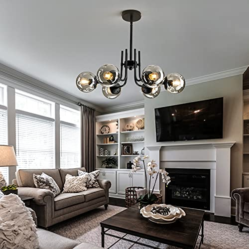 6 Lights Glass Globe Sputnik Chandeliers Modern Metal Ceiling Light Fixture Black Semi Flush Mount Chandelier for Living Room Dining Room Bedroom Farmhouse Kitchen