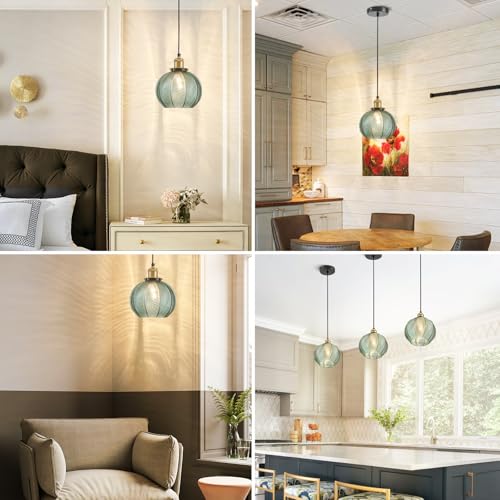 Vintage Green Ribbed Glass Pendant Lights for Kitchen Island 3 Pack (3 inch(es))