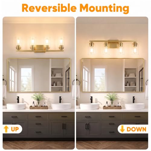 4 Light Brushed Gold Bathroom Light Fixtures Over Mirror 27 Inches