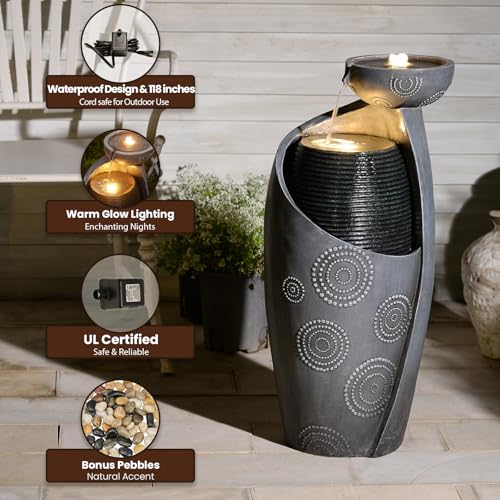 Outdoor Water Fountain Feature Indoor Garden Large Jar Floor Standing Fountains Waterfall with LED Light & Pump for Home Decor Office Yard Patio Deck Porch