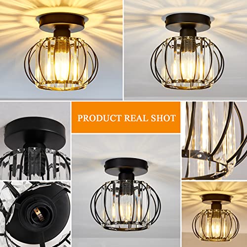 2 Pack Semi Flush Mount Ceiling Light Fixture Modern Small Crystal Chandelier Mini Indoor Ceiling Lamp for Bathroom Hallway Foyer Porch Hall Closet（Black） (2 Count)