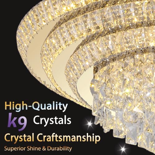 30" Gold Crystal Flush Mount Chandelier Modern LED Ceiling Light Fixture