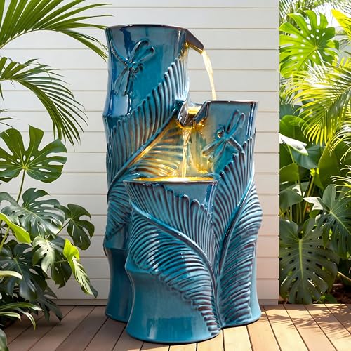 Autodaya Tropical Turquoise Ceramic Outdoor Water Fountain with Lights