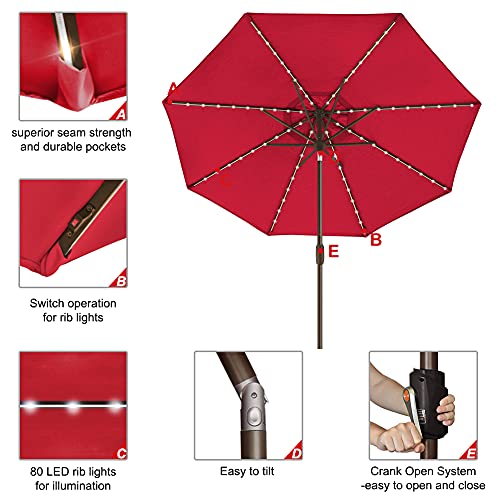 USA 10-Year-Non-Fading 9ft Market Patio Umbrella, Commercial Grade Table Sun Umbrella with 80 Solar LED Lights, Crank Open, Windproof & UPF 50+ UV Protection for Garden, Deck, Pool, Backyard, Logo Red