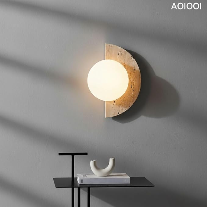 Natural Travertine Stone Wall Sconce, Half Moon LED Wall Light Fixture,Glass Globe and Pull Chain Switch Wall Lamp,Modern Minimalist Lunar Lamp for Bedroom Bedside,Living Room Accent Decor(Two kinds)