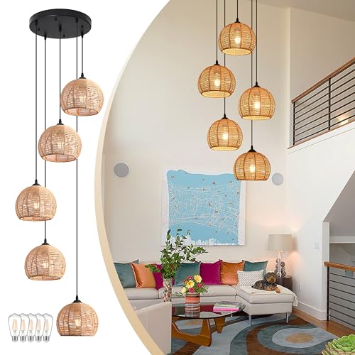 5 Light Woven Foyer Chandeliers for High Ceiling