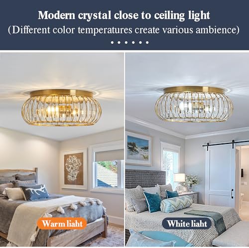 Crystal Flush Mount Ceiling Light Fixtures Modern Gold Ceiling Light 3 Light Ceiling Chandelier for Hallway Bedroom Bathroom Foyer Living Room Dining Room Kitchen