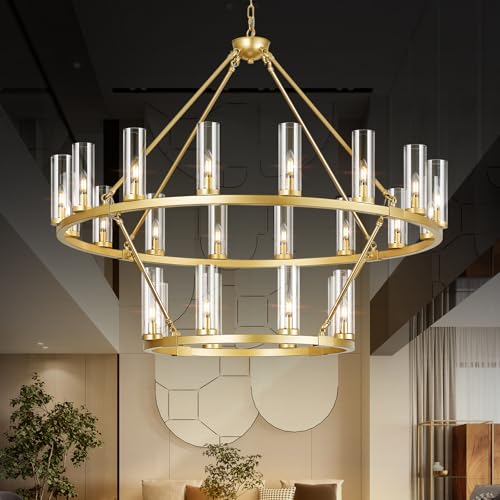 48 Inch Large Gold Wagon Wheel Chandelier with Clear Glass Shade 2 Tier 24