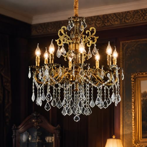 Vintage 8 Arms Crystal Chandelier Candle Light Fixture for Dining Room Living Room Bedroom Hallway Entryway Antique Gold Finish