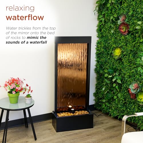 48" Tall Indoor Modern Wall Mounted Zen Mirror Waterfall Floor Fountain with Stones and LED Lights Decor for Office