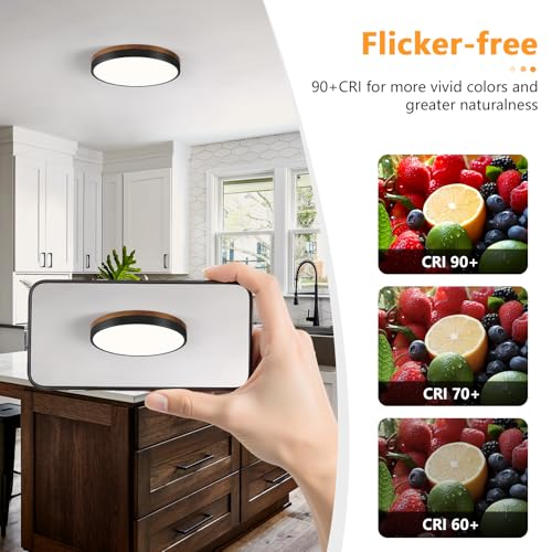 Modern Walnut Wood Black Flush Mount Ceiling Light 11.81 Inch