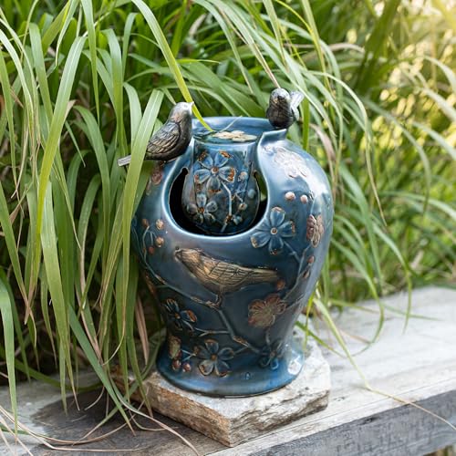 Blue Verdigris Bird Indoor Water Fountain with LED Light and Pump