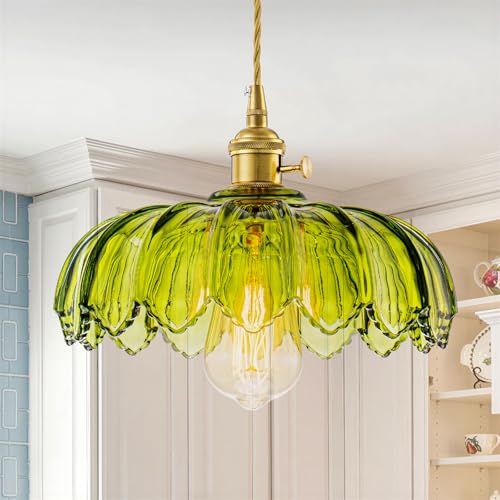 EDSILIVE Vintage Flower Glass Pendant Lights Kitchen Island 9.84" Antique Flower Green Glass Hanging Ceiling Light Fixture with Adjustable Brass Twine Wire for Dining Room Kitchen Table