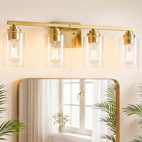 4 Light Brushed Gold Bathroom Light Fixtures Over Mirror 27 Inches