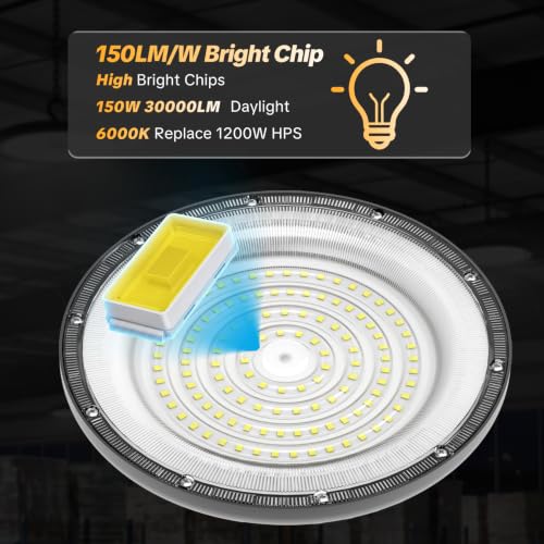150W UFO High Bay Light 1 Pack 22500LM LED Shop Lights Plug & Play (6 Count)