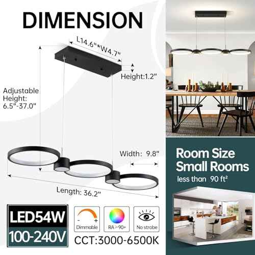 Modern LED Chandelier Light, 3000-6500K Dimmable Modern Pendant Light Fixture with Remote Control, Height-Adjustable Island Light Ceiling Hanging for Dining Room Kitchen (Black, 3Ring- 36IN)