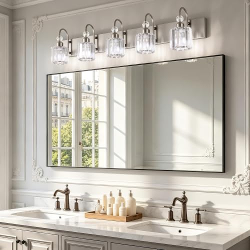 Crystal Bathroom Vanity Light Brushed Nickel Modern 5 Light Bathroom Wall Lighting Fixtures Over Mirror