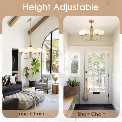 Modern Globe Chandelier 5 Light Mid Century White Milk Glass Vintage Sputnik Hanging Chandeliers Gold Pendant Light Fixtures for Dining Room Kitchen Living Room Bedroom