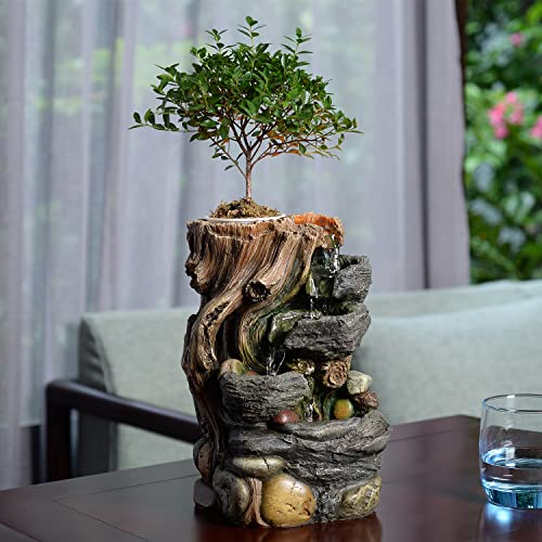 Indoor 5 Tier Rockery Tabletop Waterfall Fountain with Auto Watering and Small Plastic Plant Pot