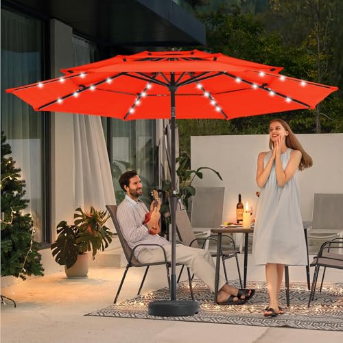 3 Tiers Patio Umbrella with Solar Lights 9ft Outdoor Market Table Umbrellas with Push Button Tilt for Outside Pool Garden