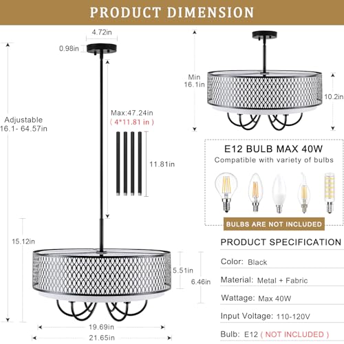21.65" 6 Lights Large Black Chandelier with Drum White Shades