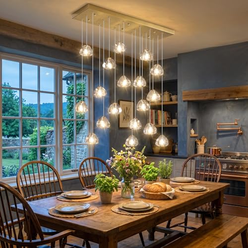 W35 x D11.8 x H118 Rectangular Chandelier Bubble Crystal Balls Glam Chandeliers Dimmable Light High Ceiling Pendants Light Fixtures Adjustable Long Lights Antique Gold